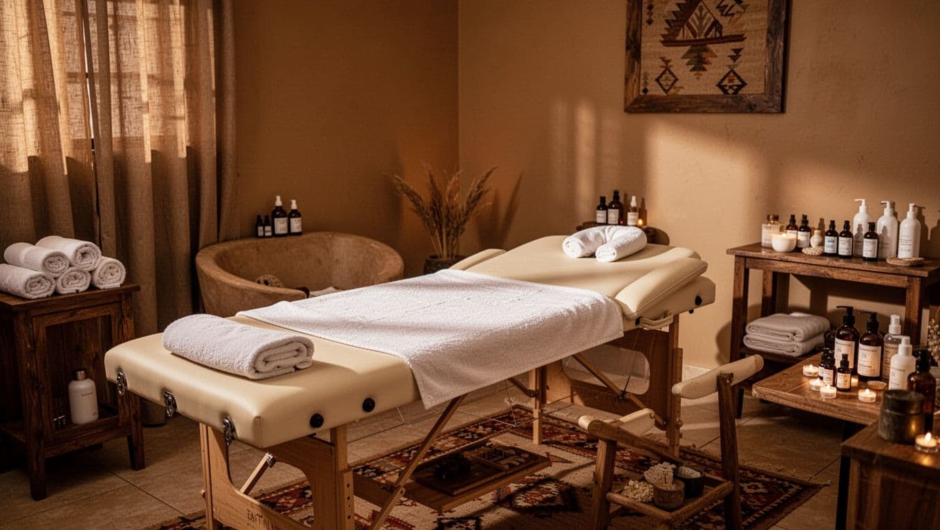 Empty massage table in warmly lit treatment room with essential oils and towels.