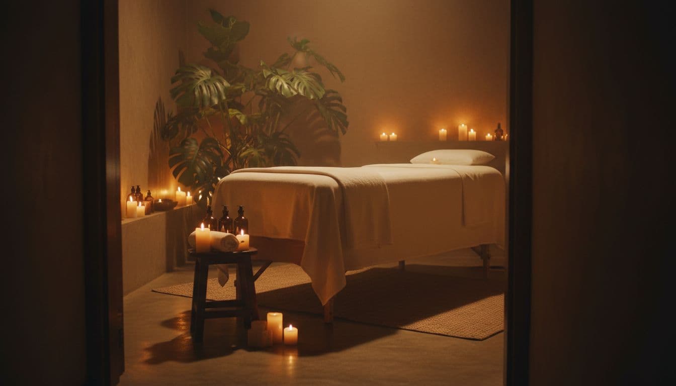 Empty professional massage table with fresh linens and oil bottles in dimly lit room with candles and tropical plants.
