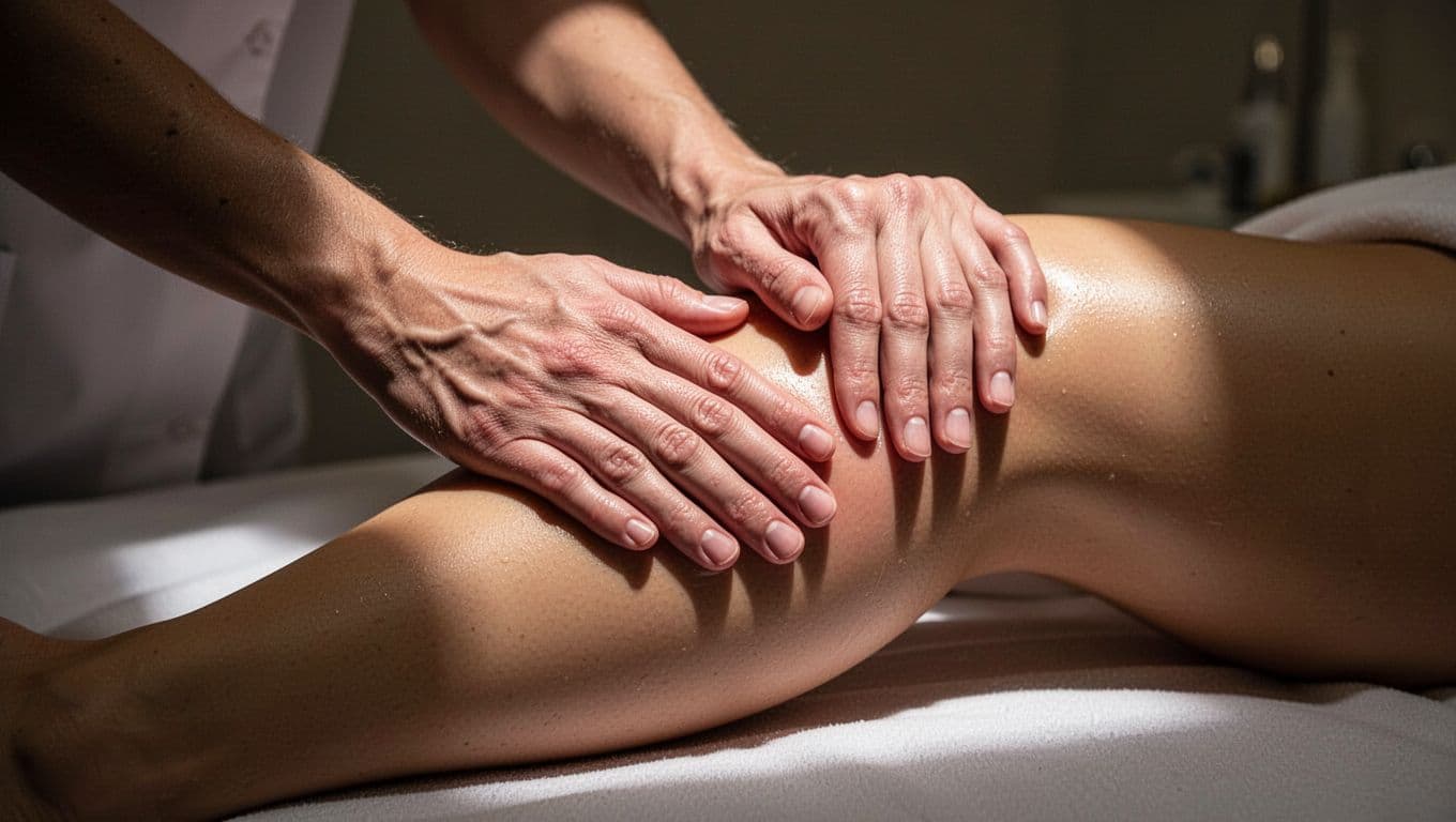 Close-up of two hands applying light rhythmic strokes to a woman's leg in a spa setting.