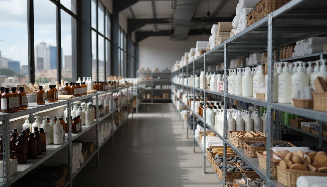 Organized shelves stocked with oils, lotions, towels, and tools in spacious Nairobi warehouse with skyline view through windows.
