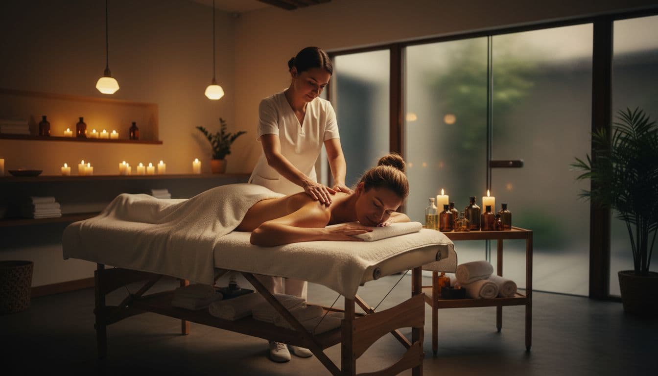 Professional woman receives Swedish massage from therapist on table in modern spa with dim lighting and towels.